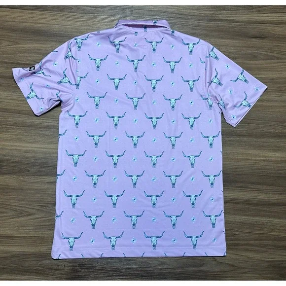 Waggle Highlands Golf Performance Polo Steer Skull AOP Shirt Pink Men's Sz M - Picture 8 of 8